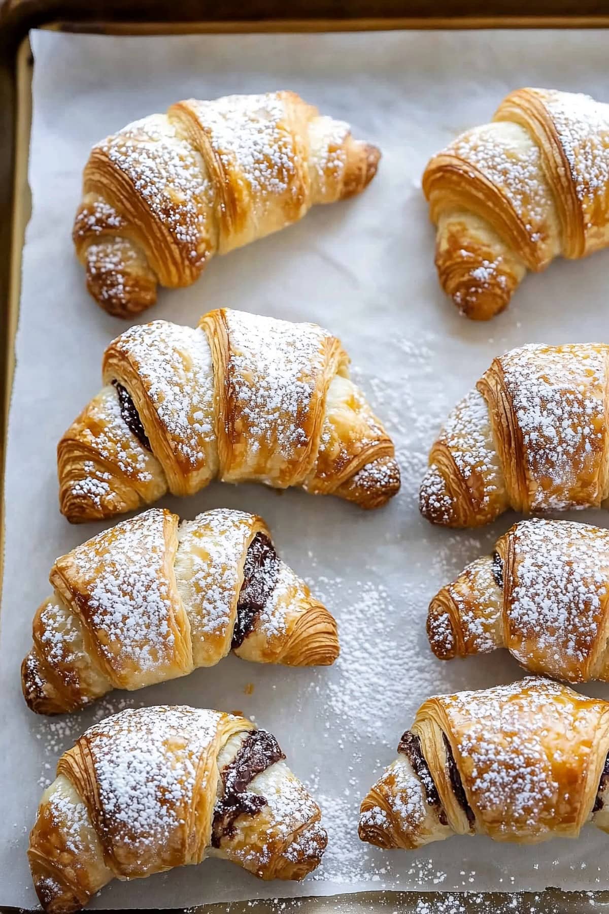 3-Ingredient Nutella Croissants topped with powdered on a baking tray, top view