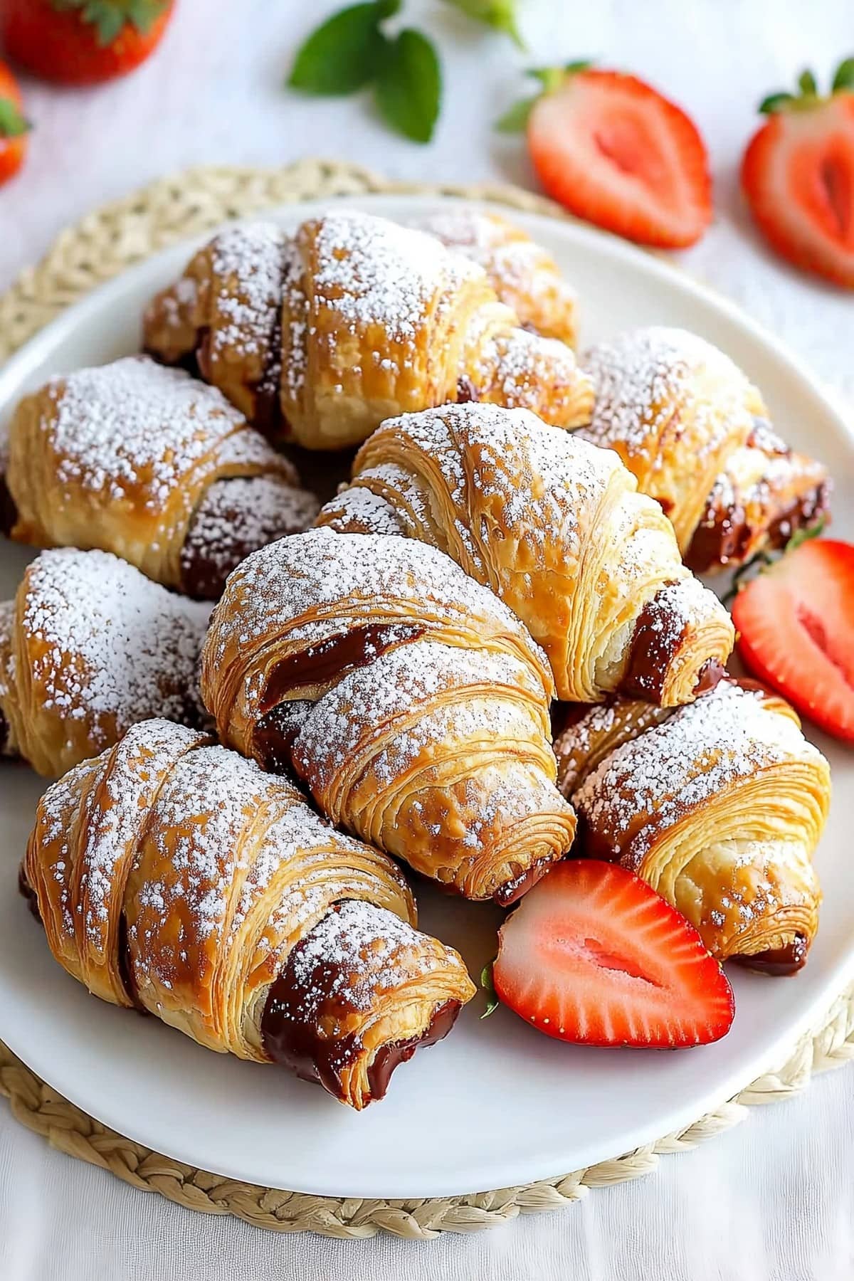 A golden, flaky croissant oozing with rich Nutella, freshly baked and ready to enjoy.