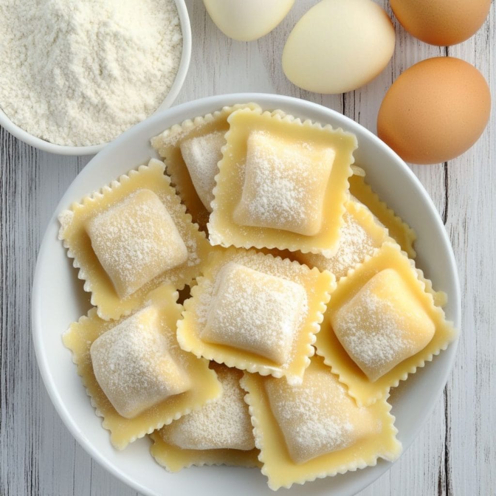 Raw ravioli, flour and eggs flat lay on a white wooden table. 