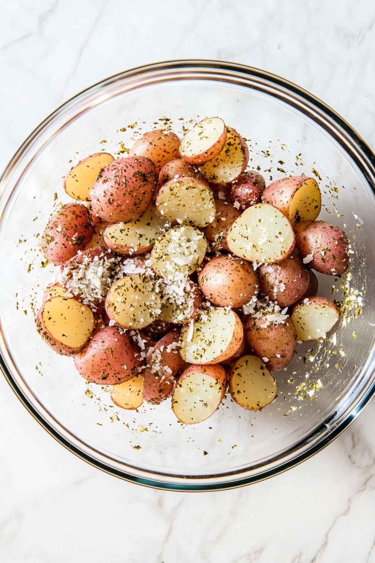 Baby red potatoes sliced in half seasoned with   olive oil, garlic, dry parsley, Italian seasoning, salt, and black pepper. 