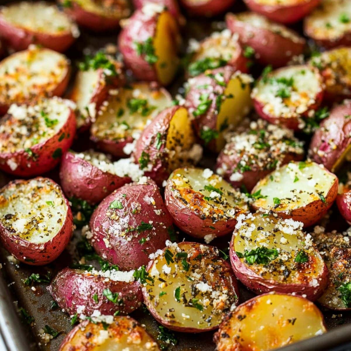 Sliced in half seasoned red baby potatoes with parmesan cheese arranged on a baking sheet pan