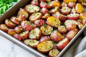 Baby red tomatoes sliced in half seasoned with olive oil, garlic, dry parsley, Italian seasoning, salt, and black pepper in a sheet pan.