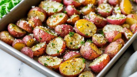 Baby red tomatoes sliced in half seasoned with olive oil, garlic, dry parsley, Italian seasoning, salt, and black pepper in a sheet pan.