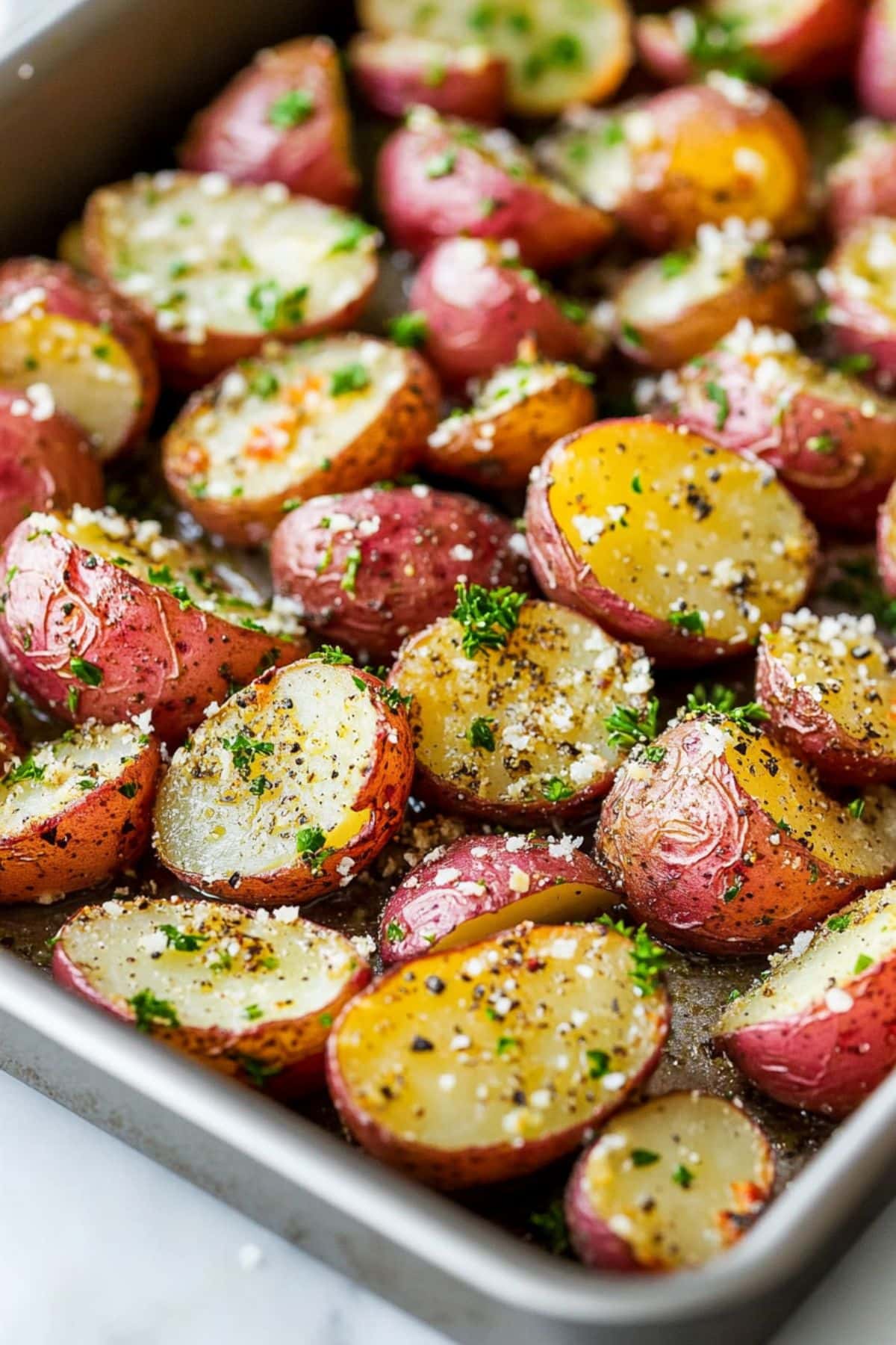 Sliced in half seasoned red baby potatoes arranged on a baking sheet pan