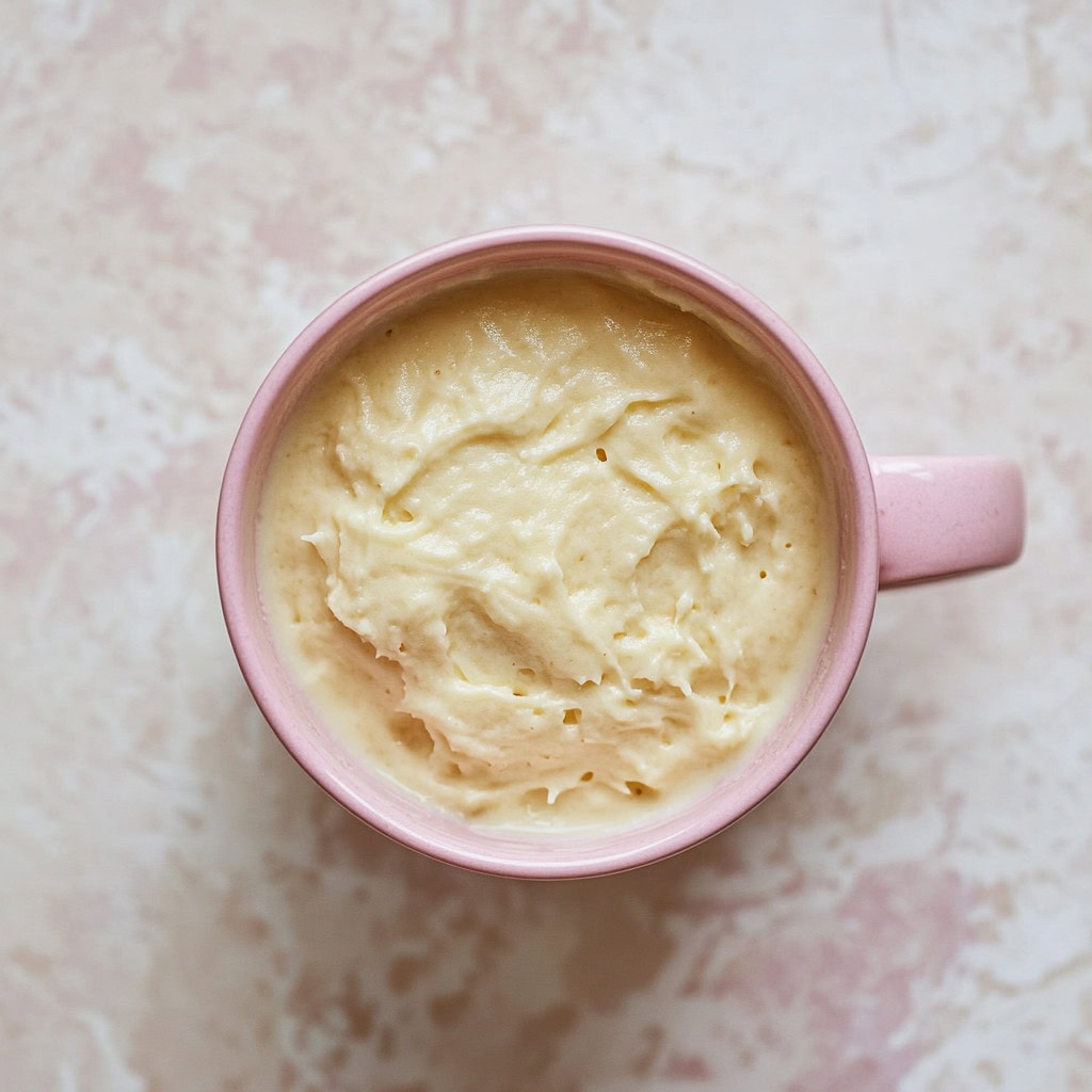 Top view of a pink mug filled with pancake batter