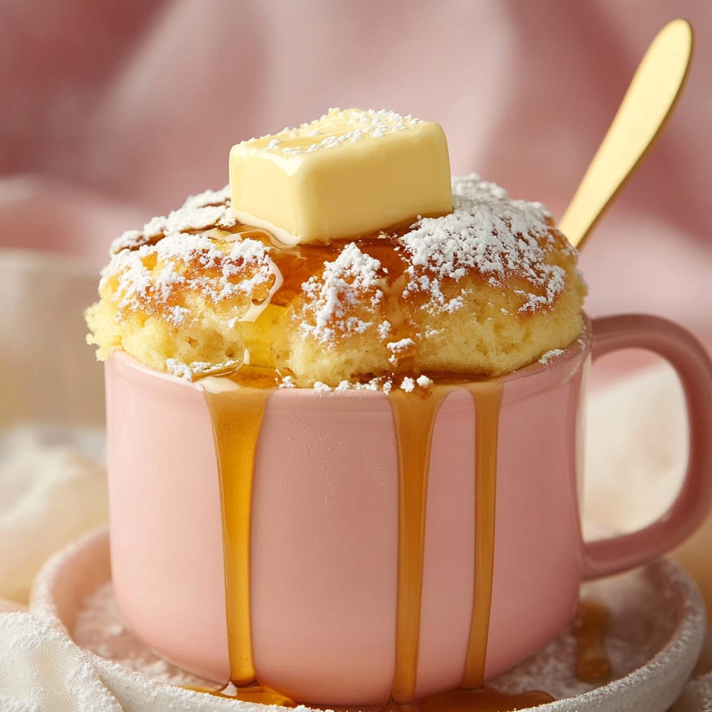 Pancake in a Mug topped with butter, syrup, and powdered sugar