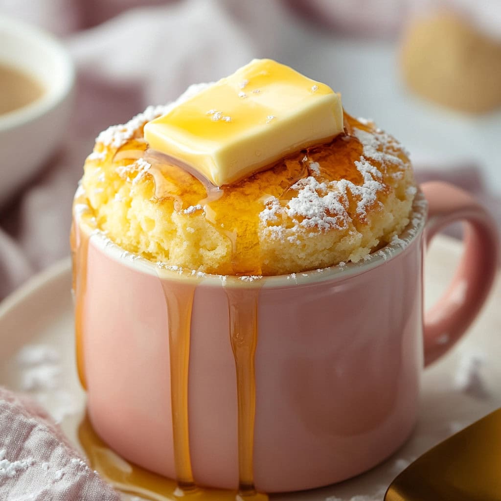 Pancake in a Pink Mug with butter and pancake syrup