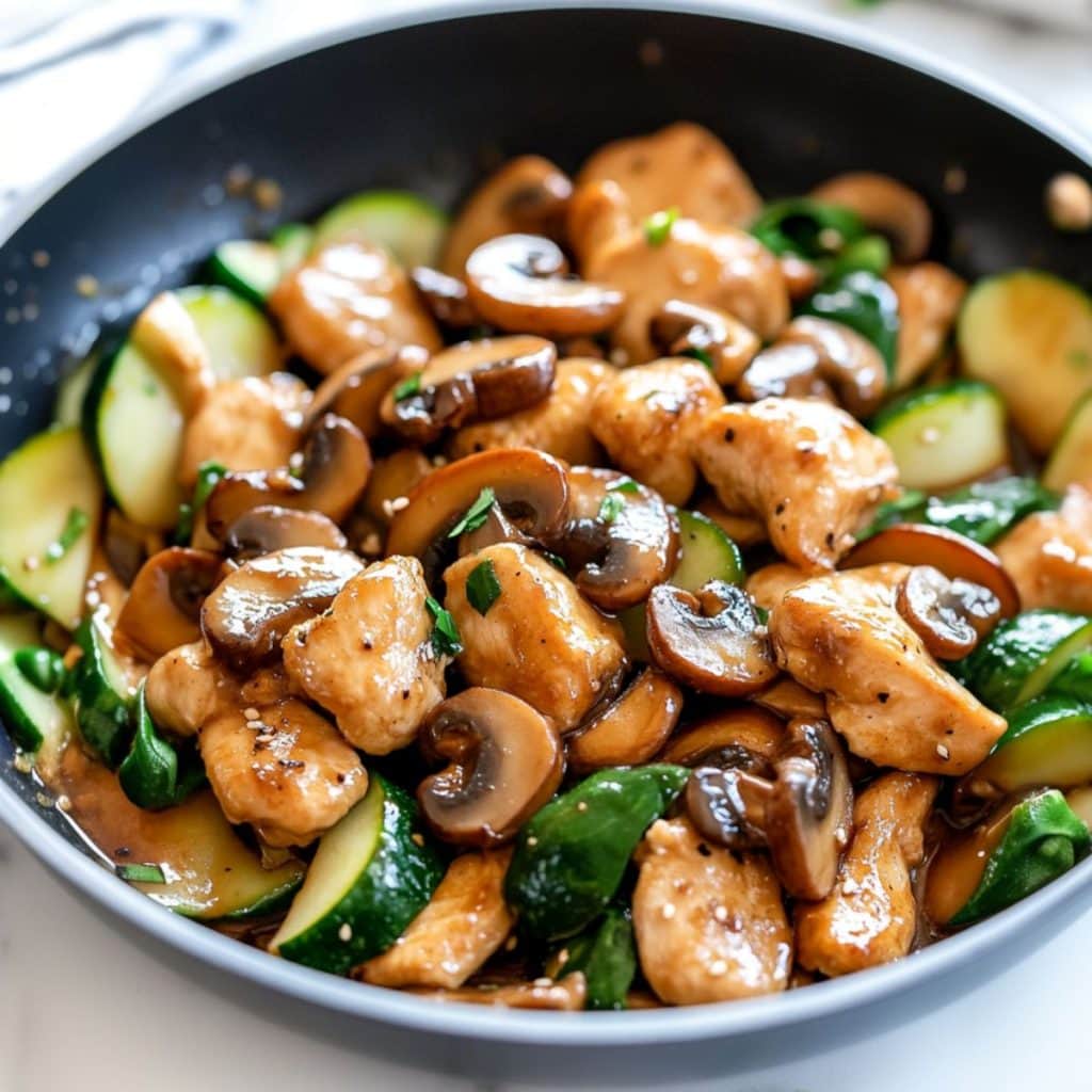 Panda mushroom chicken with sliced zucchini in a skillet pan.