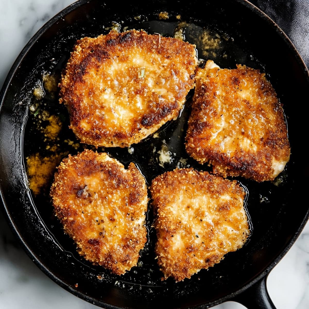 Overhead view of parmesan crusted pork chops in a black skillet on a white marble table.