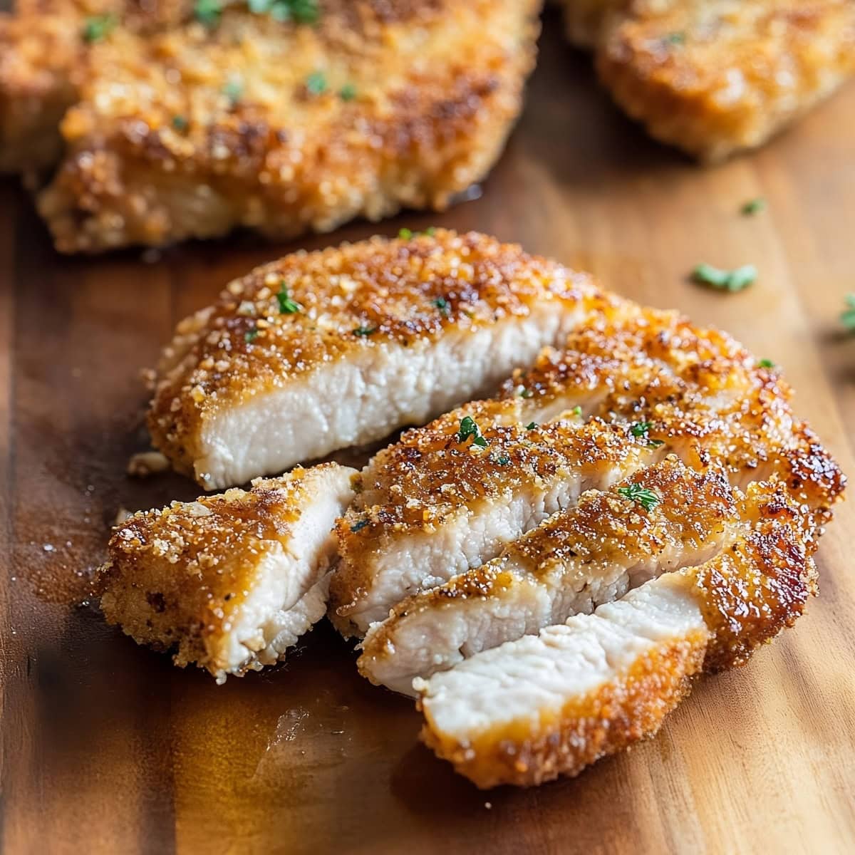 A close-up of a parmesan-crusted pork chop with a crispy, golden crust and tender interior.