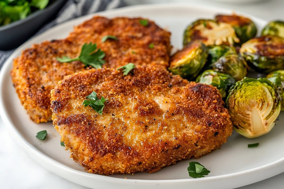 A serving of parmesan crusted pork chops garnished with fresh parsley.