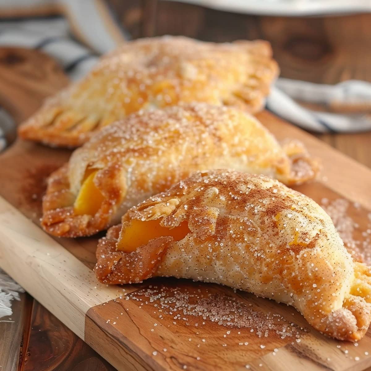 Freshly baked peach hand pies with a light dusting of sugar and cinnamon