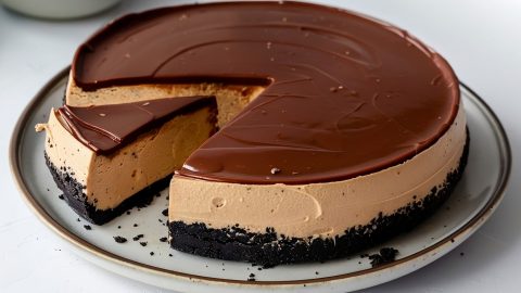 Homemade peanut butter cheesecake with a crunchy Oreo crust.