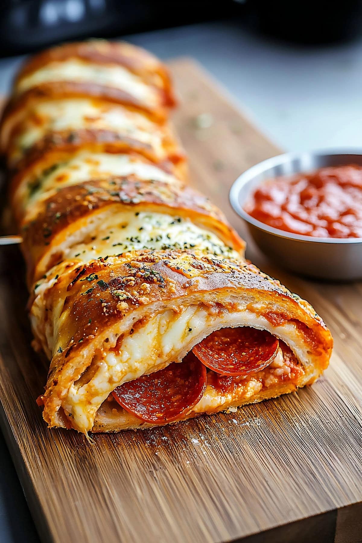 Homemade pepperoni stromboli served on a wooden cutting board.