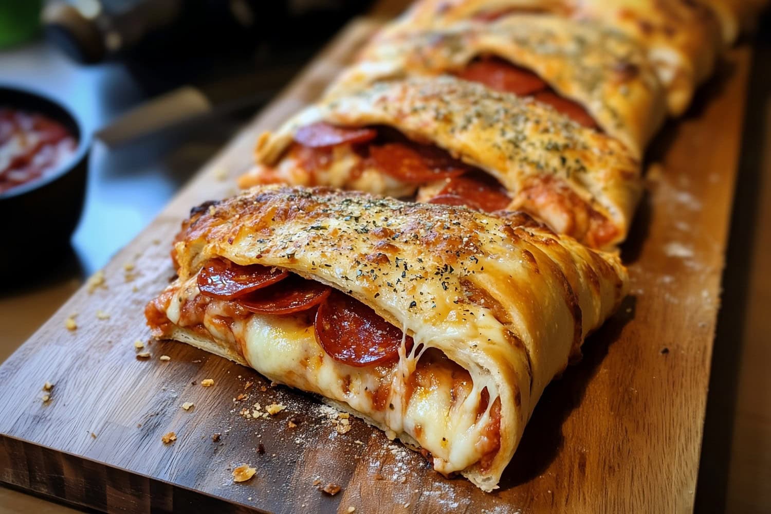 Savory pepperoni stromboli with a hint of Italian herbs.