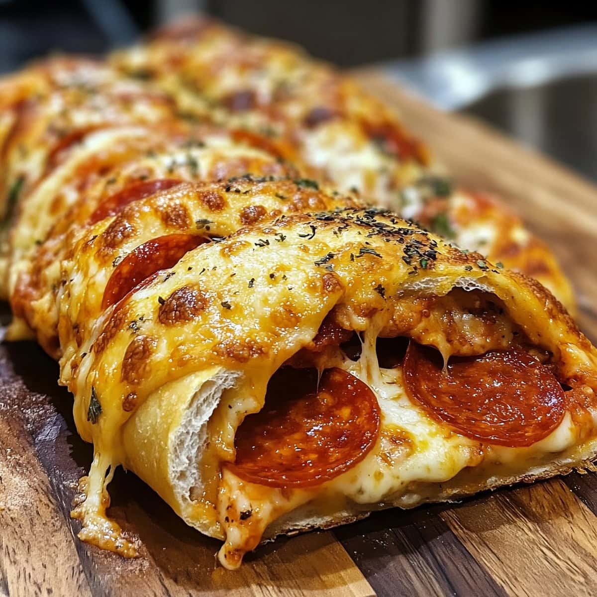 Pepperoni stromboli with a generous amount of cheese.