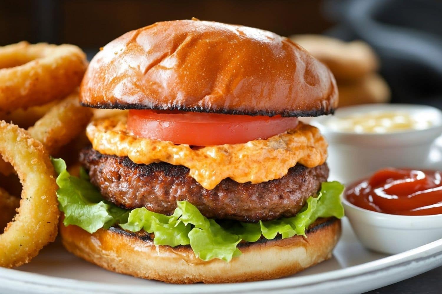 Pimento cheese burger with thick patty, tomato slices and lettuce served in a white plate with onion rings.