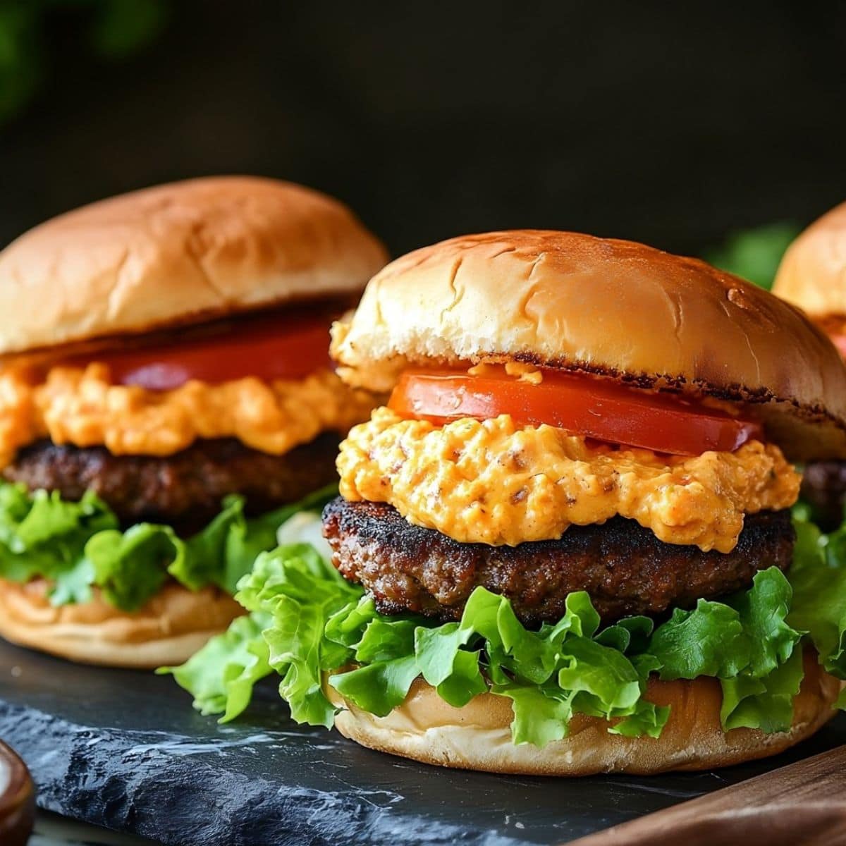 Two pimento cheese burgers with lettuce and tomato slices on a slate board