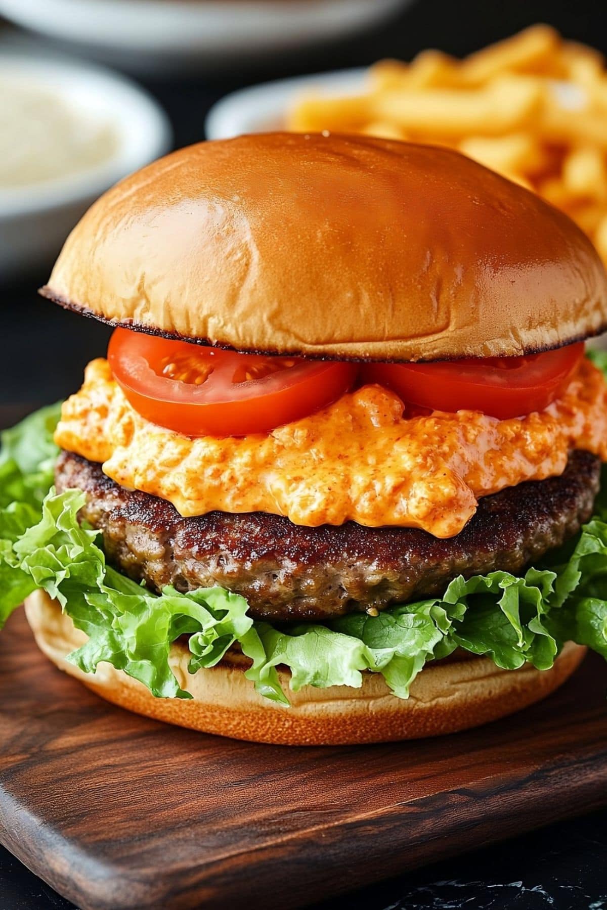 Juicy and thick burger with tomato with pimento cheese, close up. 