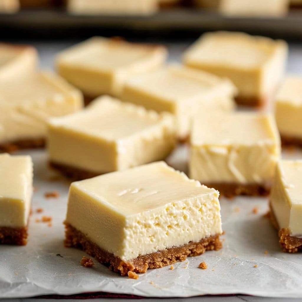 Creamy cherry cheesecake bars with a buttery graham cracker crust.