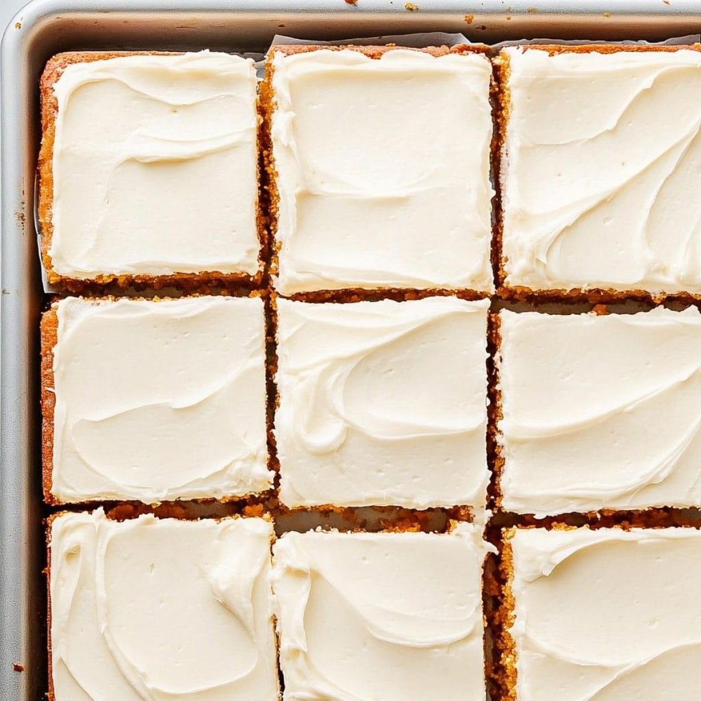 Sliced pumpkin bars with cream cheese frosting in a baking pan top view.