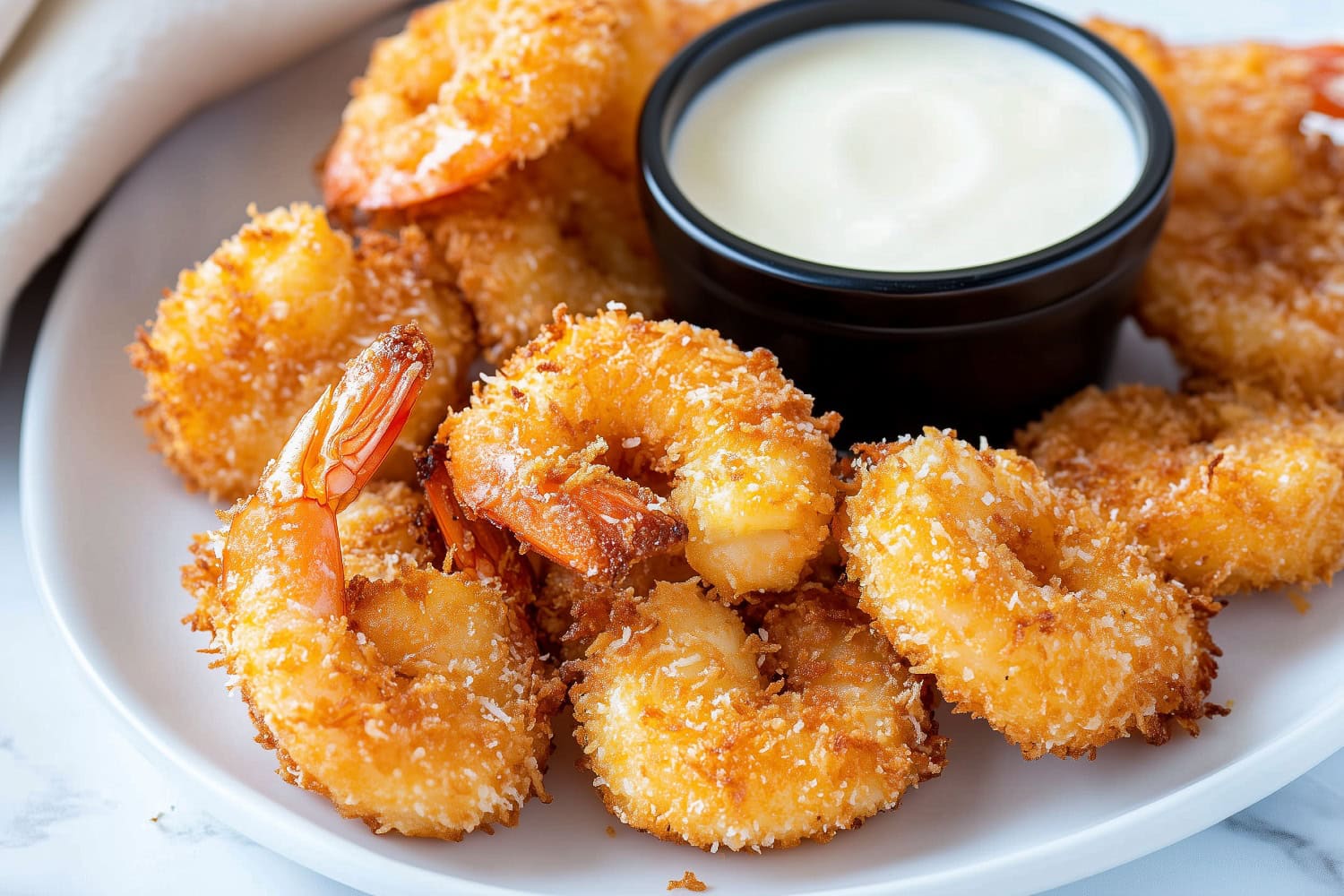 Golden-brown copycat Red Lobster coconut shrimp on a white plate.