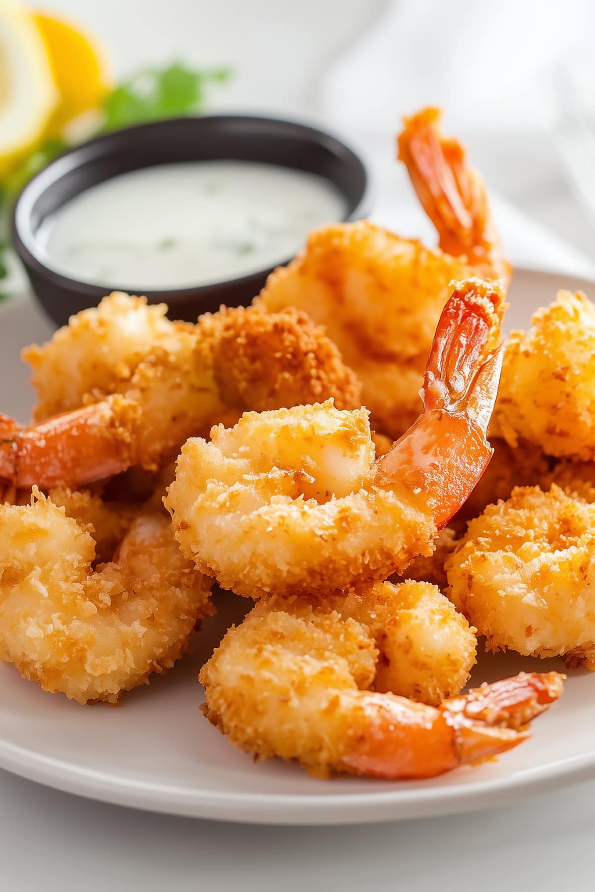 Crispy homemade Red Lobster coconut shrimp with creamy ranch dressing on the side