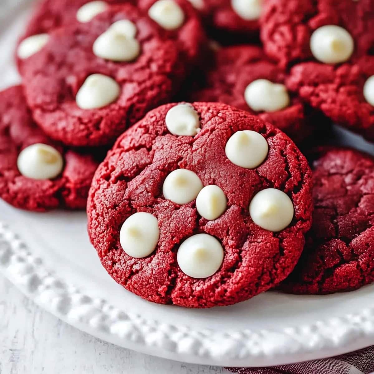 A plate of red velvet cookies with white chocolate chips 