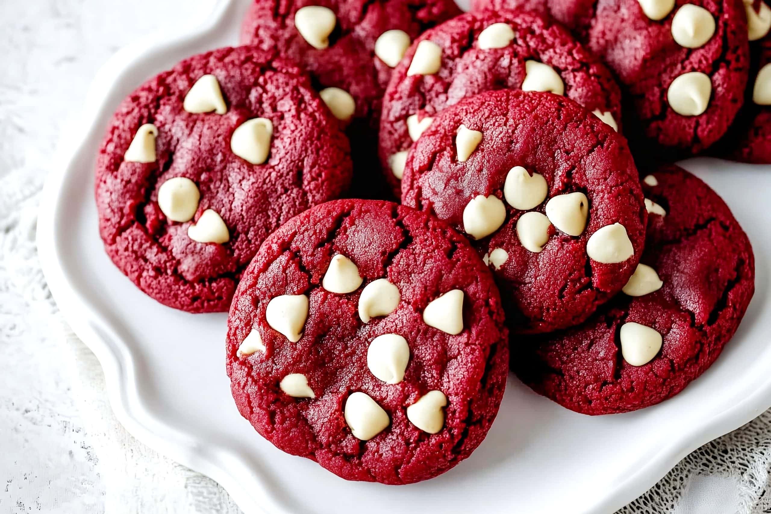 A plate of red velvet white chocolate chip cookies, ready to be served.