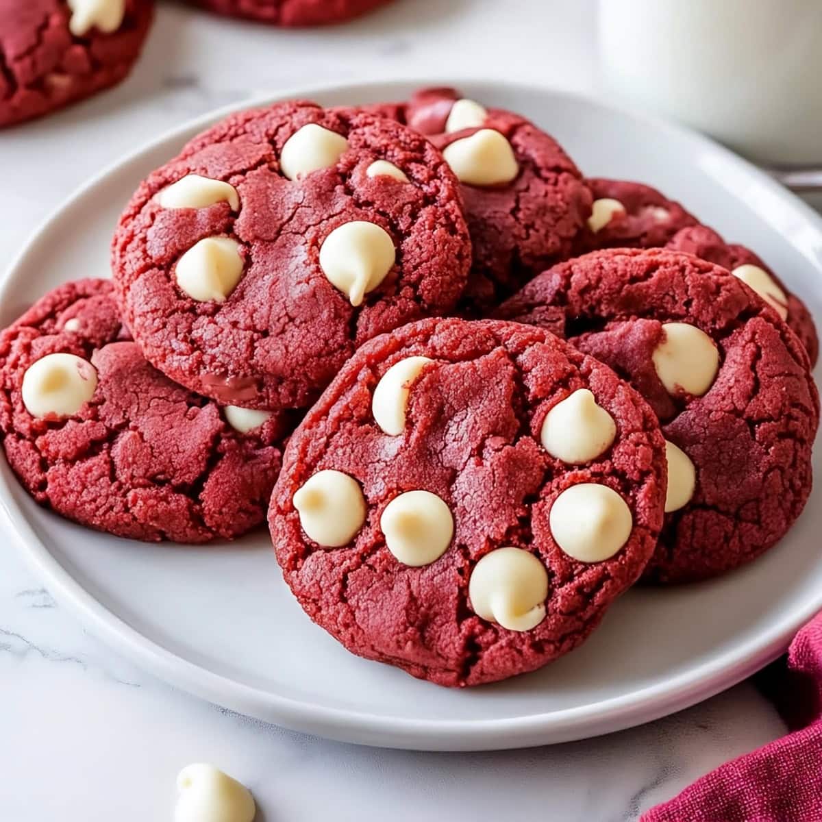 Chewy homemade red velvet white chocolate chip cookies on a white plate.