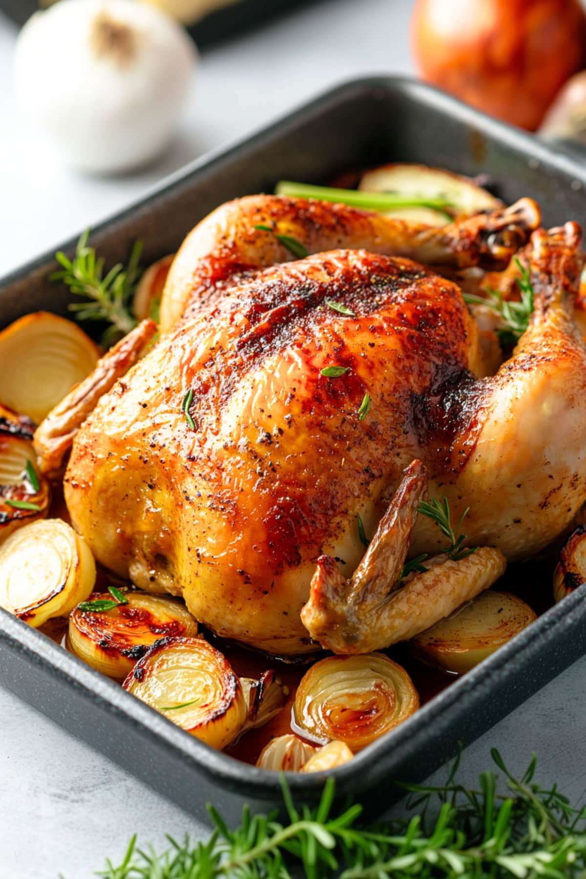 Whole roast chicken in a bed of thick onion slices in a roasting pan.