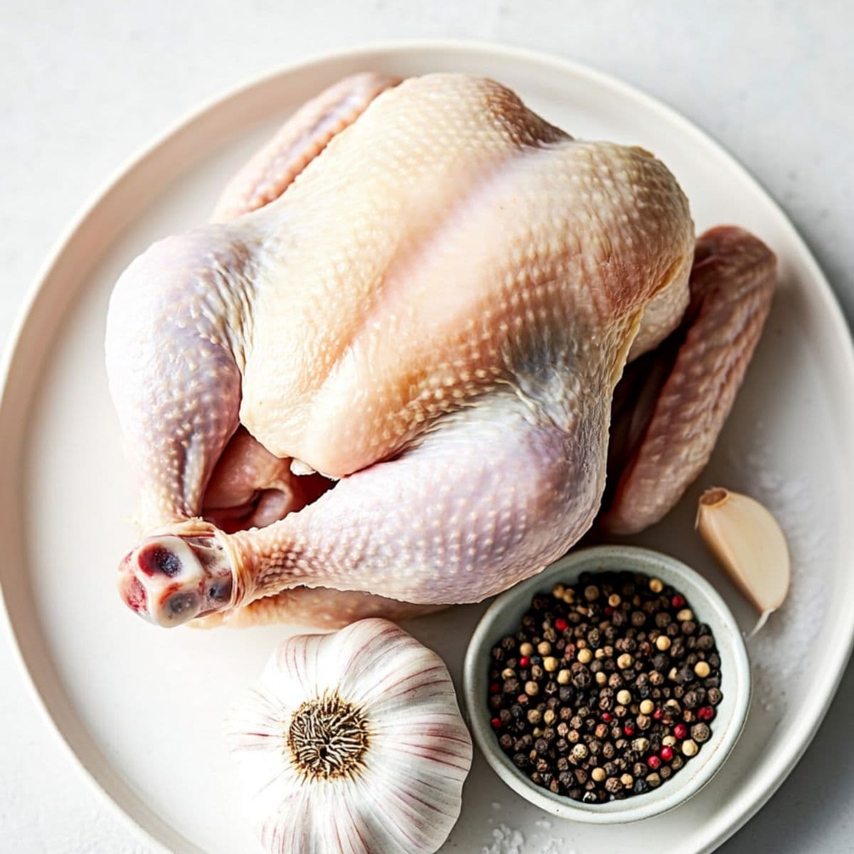 Fresh whole raw chicken with garlic, peppers and salt. 