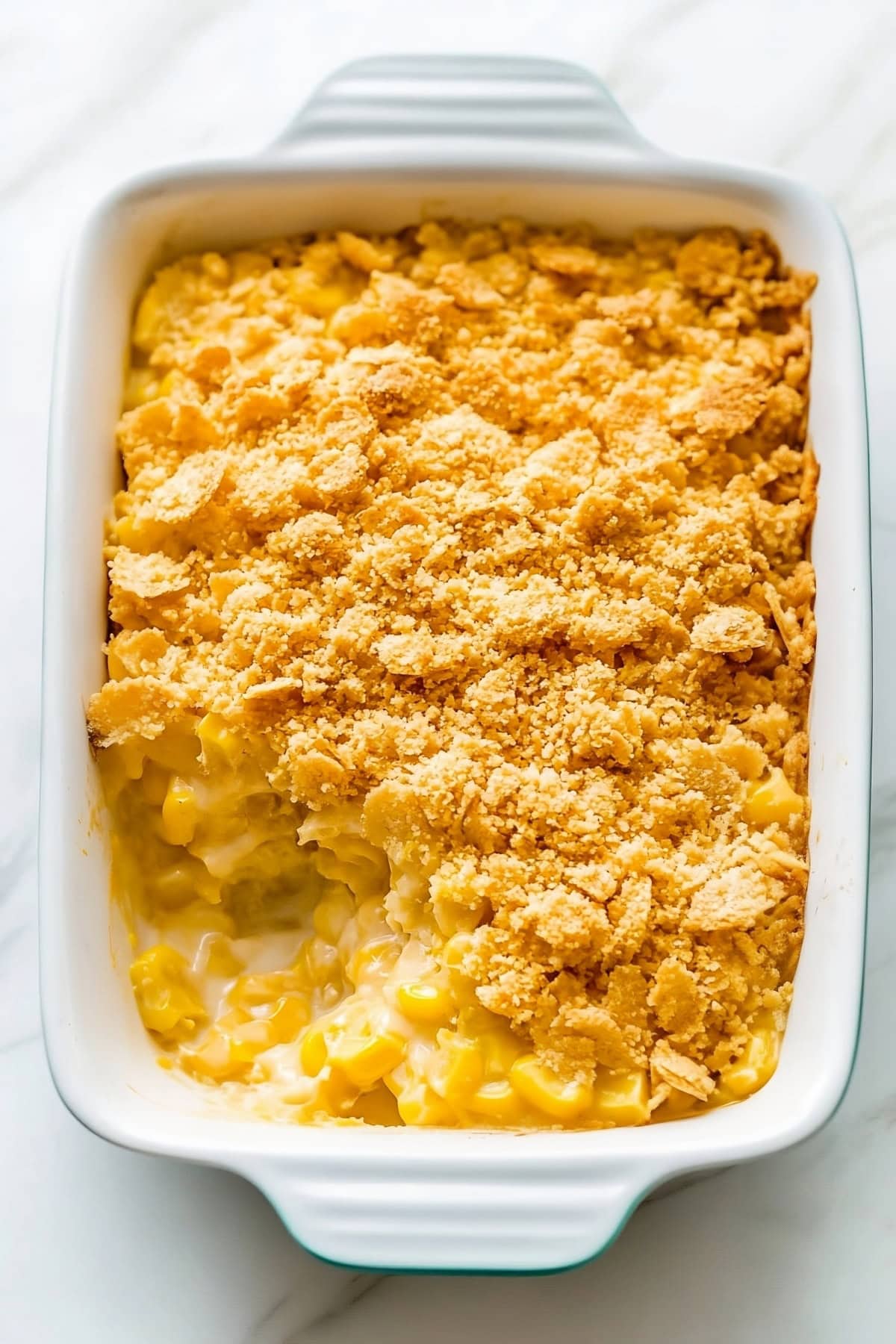 Creamy and crumbly scalloped corn in a  baking dish with a portion removed, top view