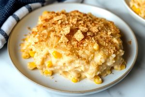 A close-up of the crunchy breadcrumb topping on a dish of scalloped corn, ready to be served.