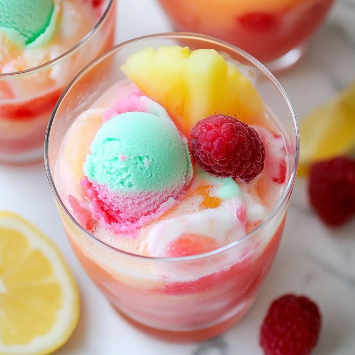 Sherbet punch served in a glass garnished with raspberries and lemon slice.