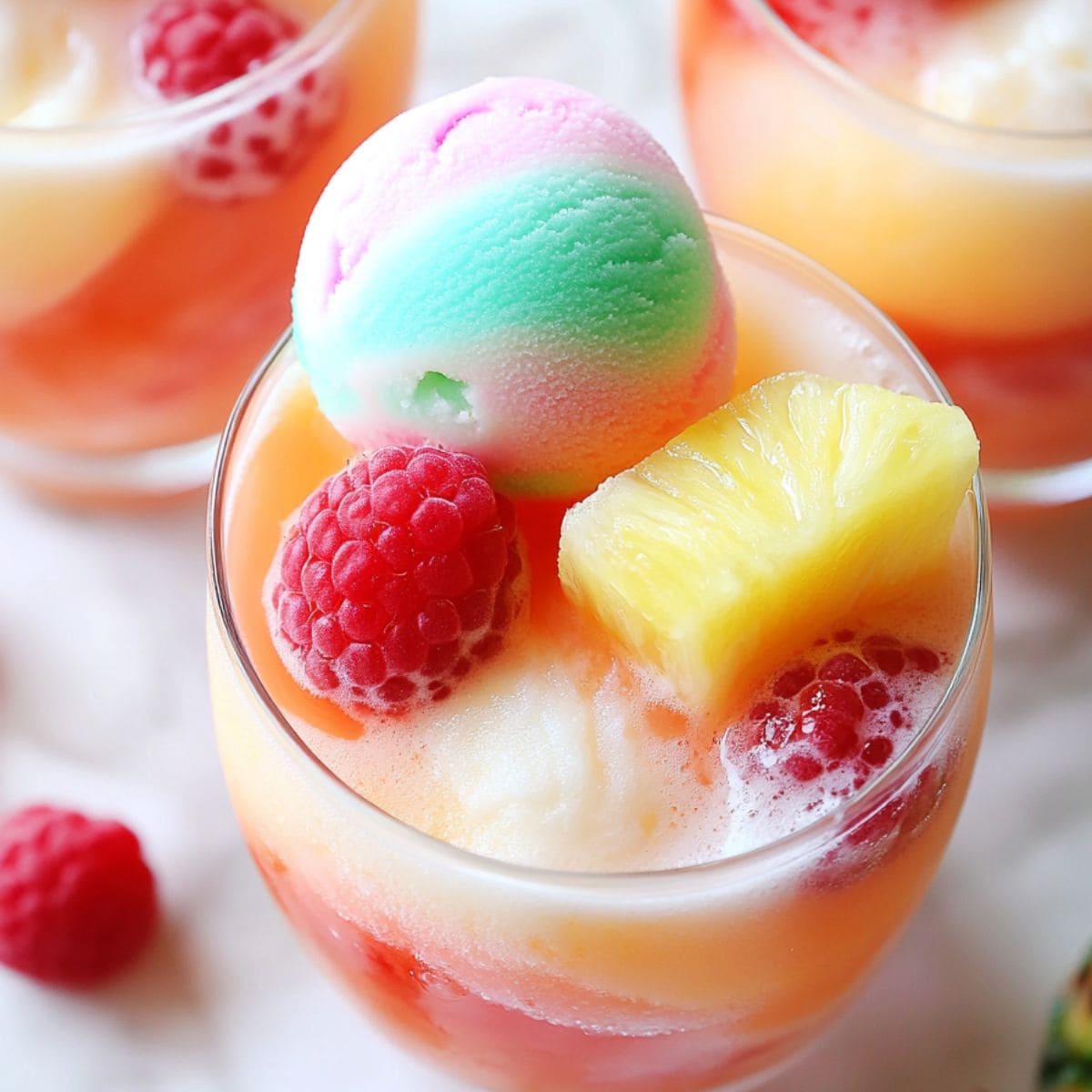 Sherbet ounch served in a glass bowl garnished with raspberry and pineapple.