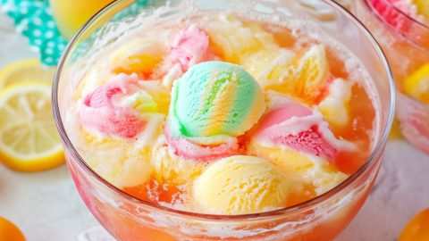 Large bowl with sherbet punch sitting on a white concrete table.