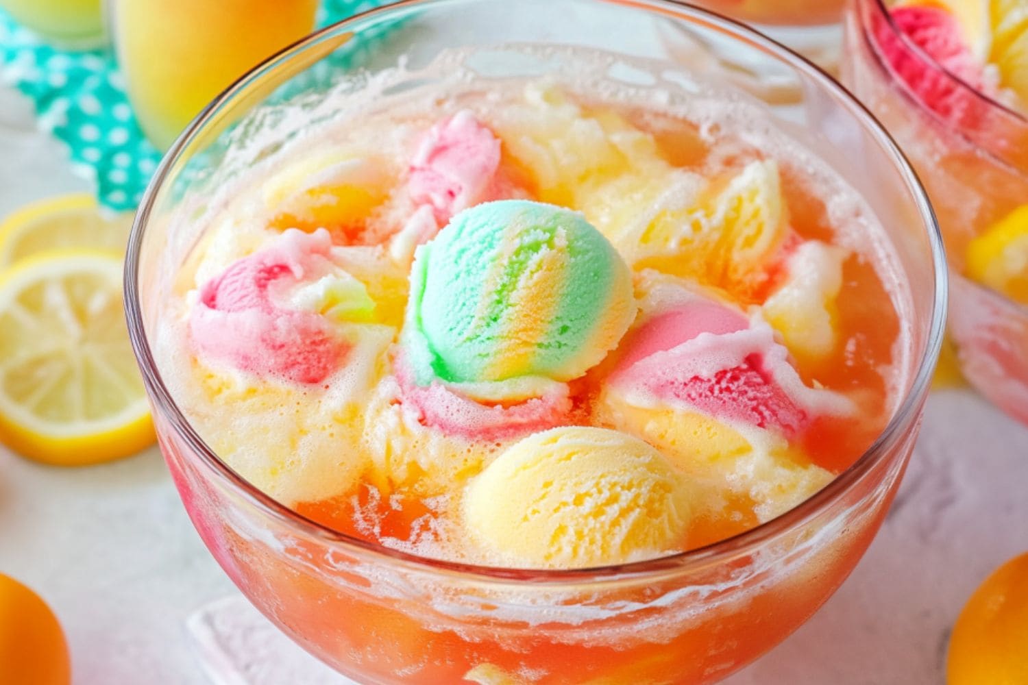 Large bowl with sherbet punch sitting on a white concrete table.