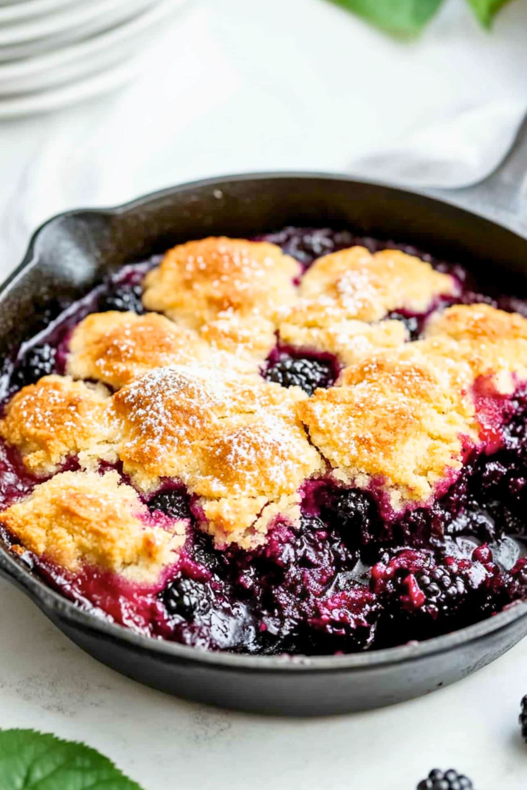 Blackberry cobbler in a cast iron skillet.