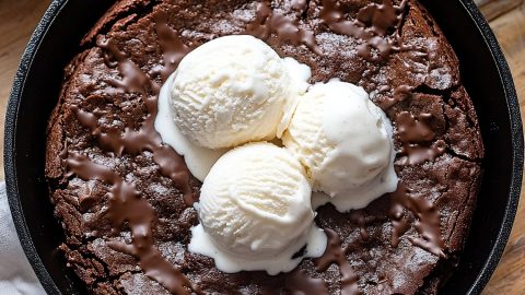 Chocolatey skillet brownie topped with scoops of ice cream.