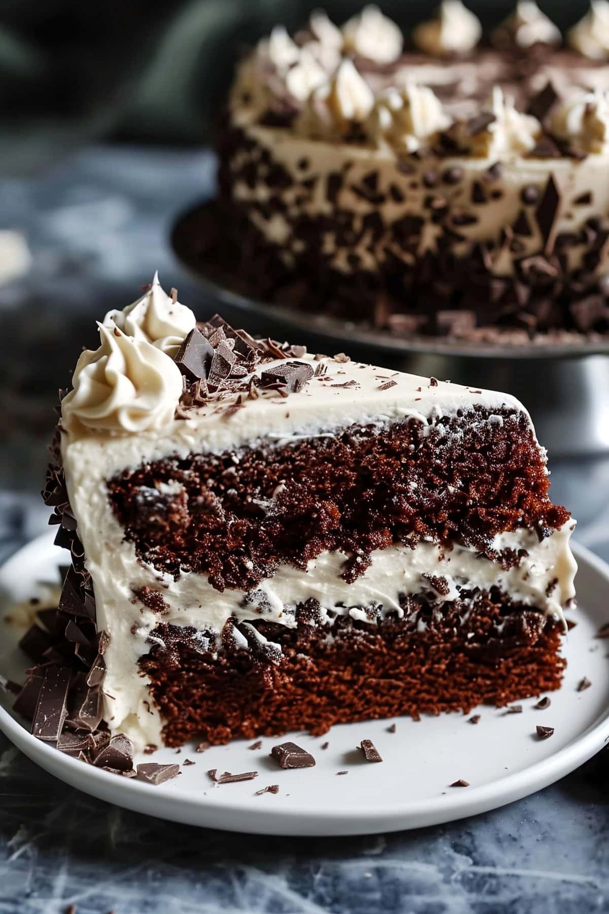 Decadent Hershey bar cake topped with chocolate.