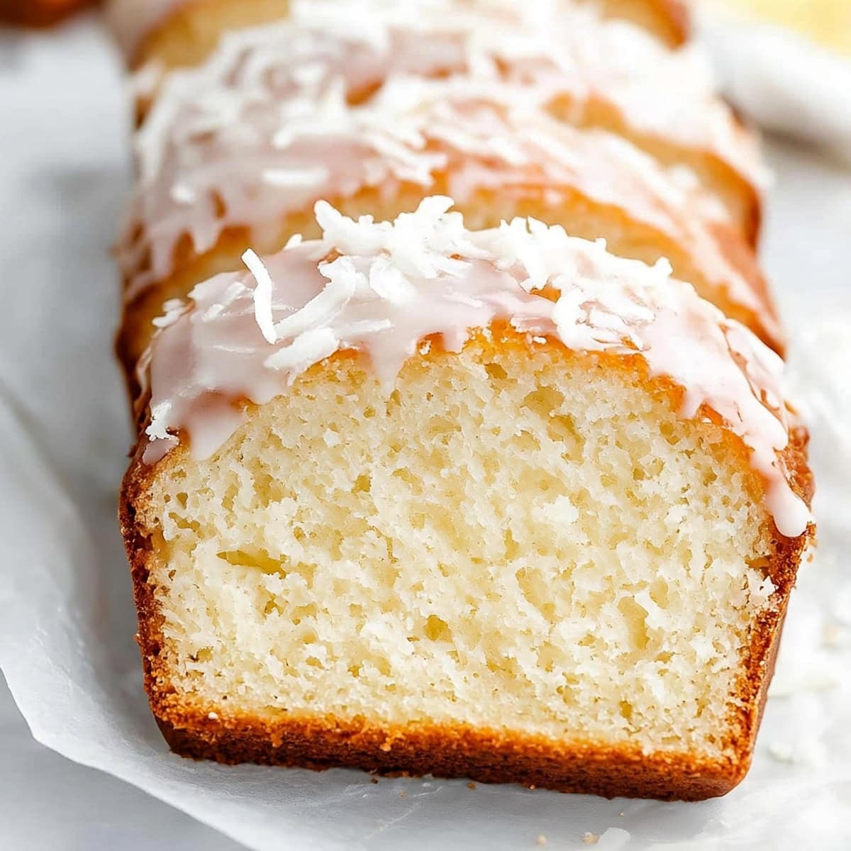 A close-up of coconut bread with a thick layer of glaze, revealing the soft texture inside.