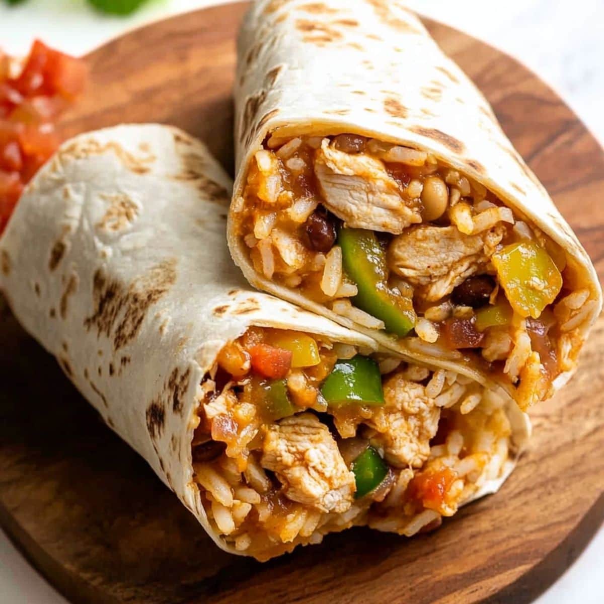 Slow cooker chicken burritos with rice, shredded chicken and veggies wrapped in tortilla wrap.