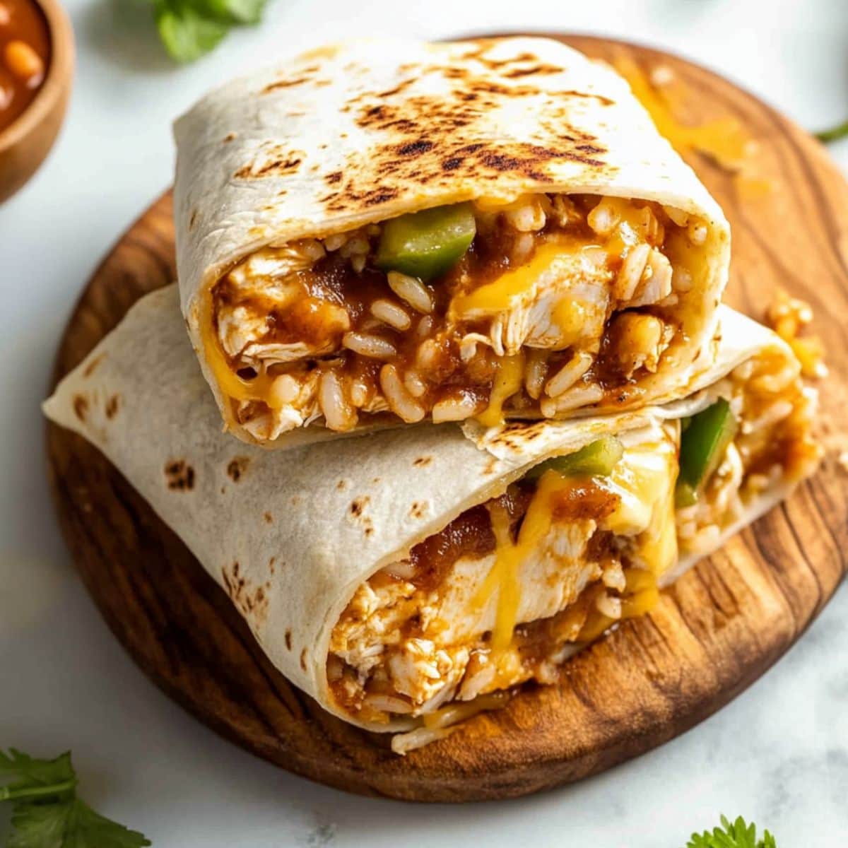 Sliced chicken burritos in a wooden board.