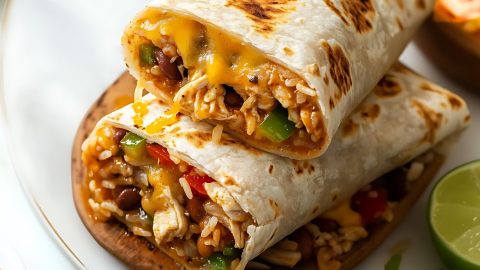 Sliced in half cheesy chicken burritos.