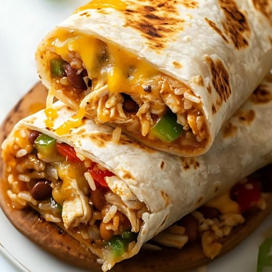 Sliced in half cheesy chicken burritos.