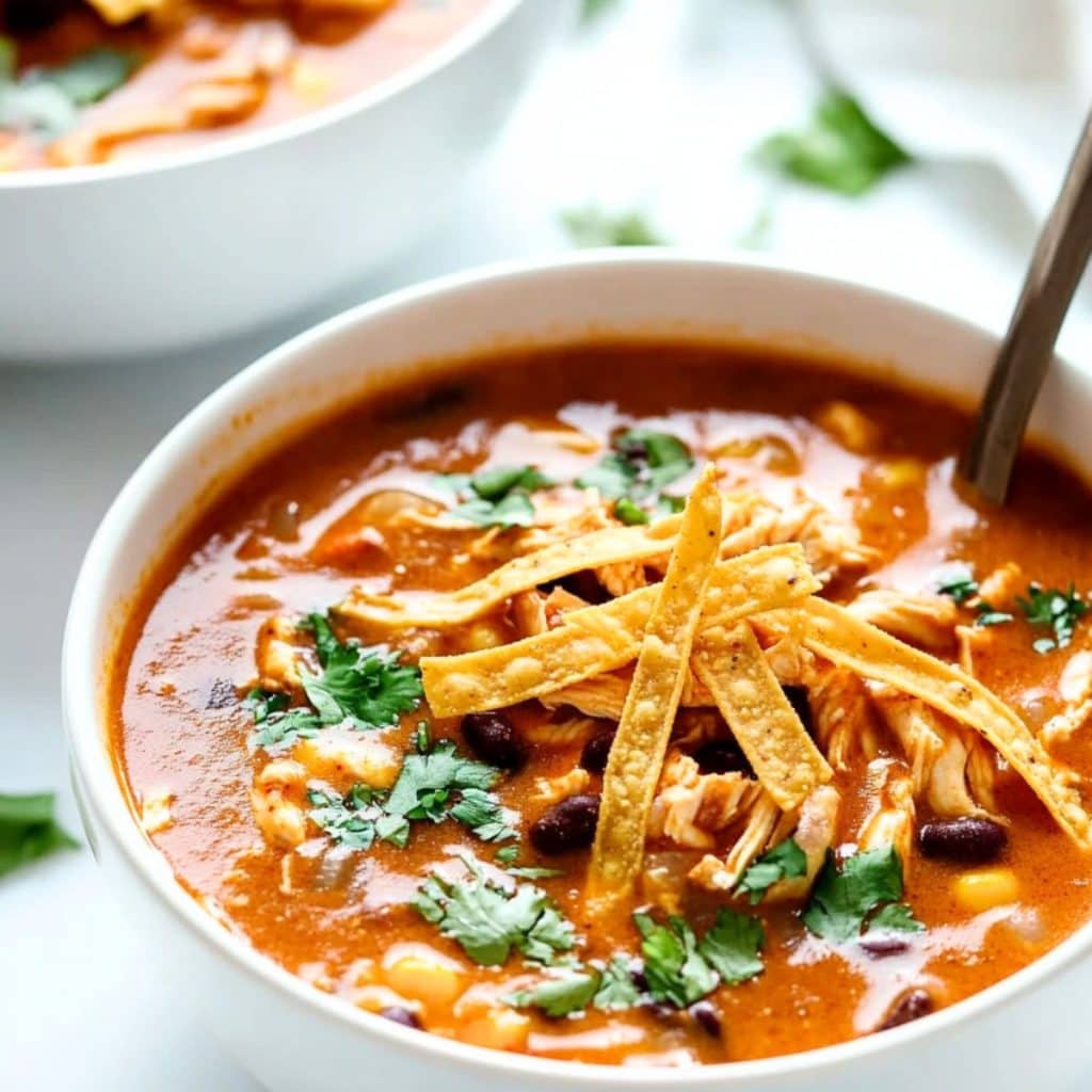 Chicken enchilada soup in a white bowl with spoon.
