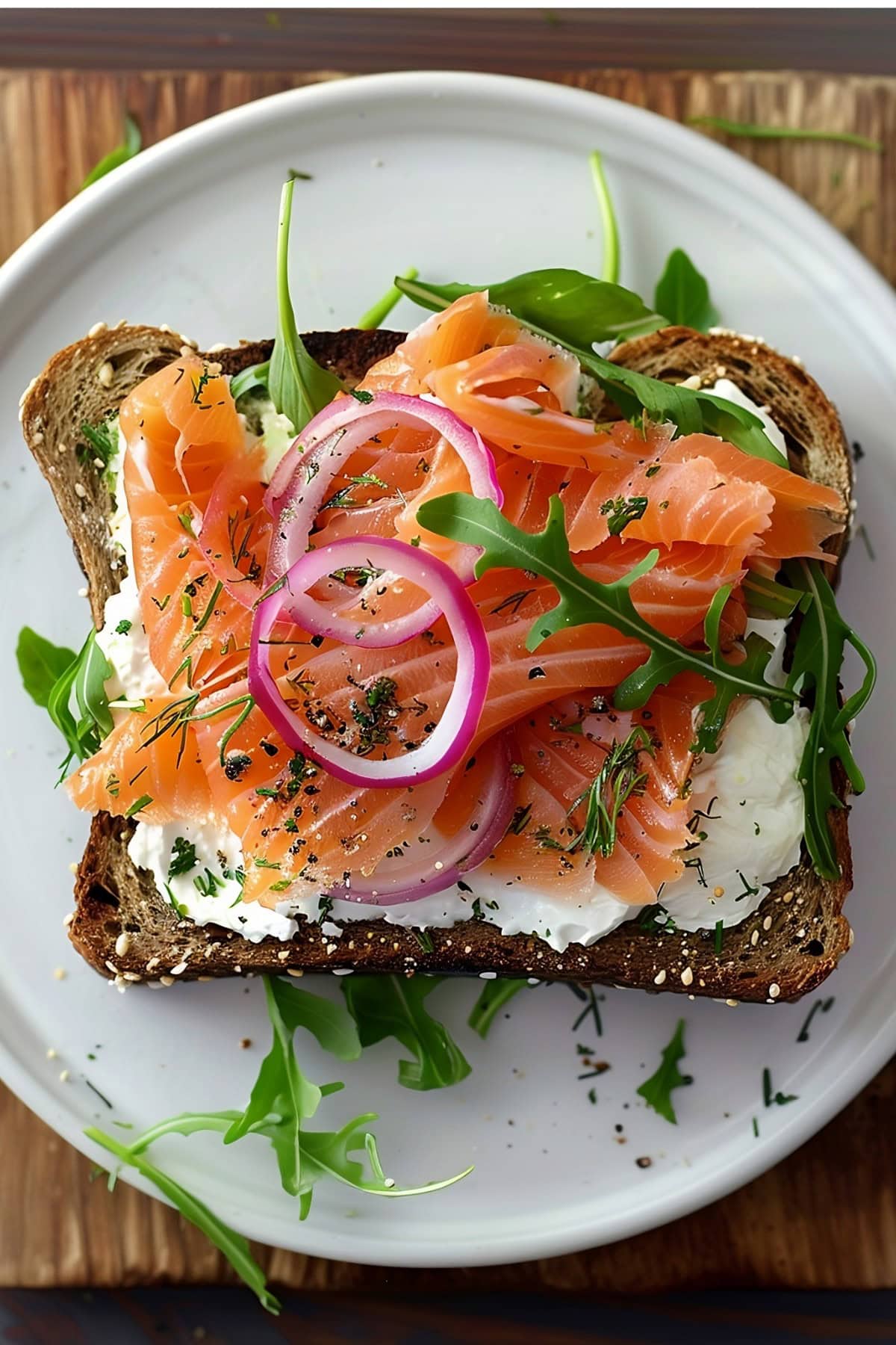 Smoked Salmon Sandwich with Cream Cheese, Arugula and Onions