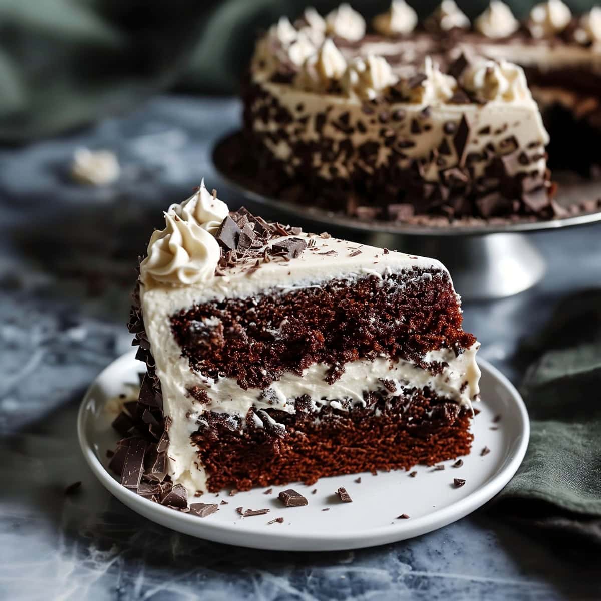 Two layer Hershey bar cake topped with cream cheese frosting and chocolate shavings.