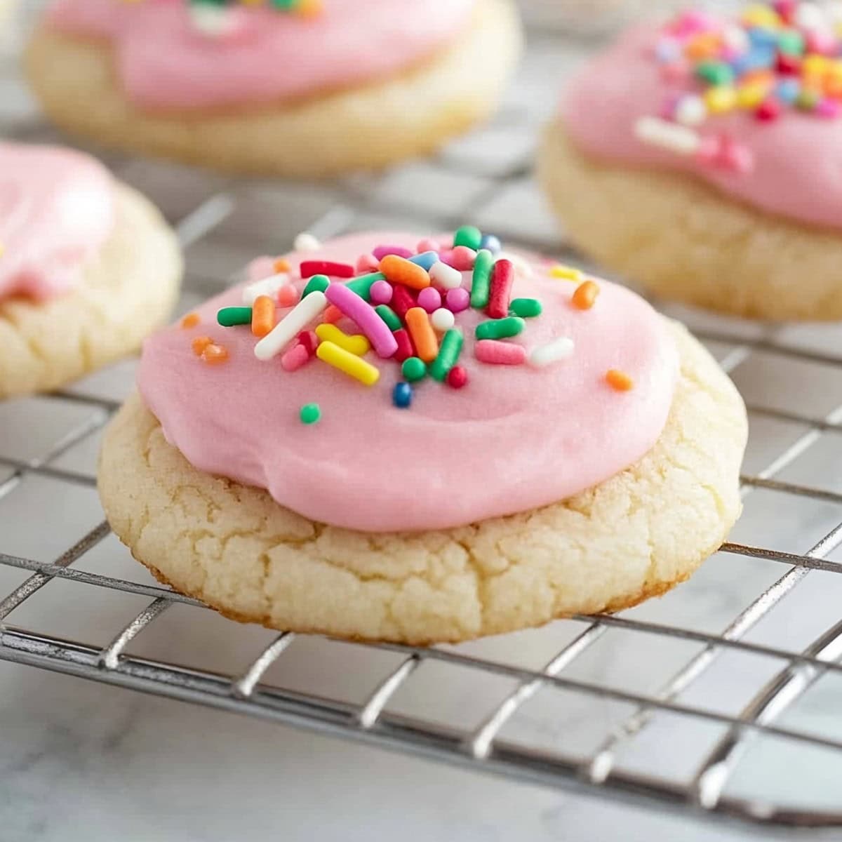 Soft sugar cookies with smooth buttercream frosting on a cooling rack.